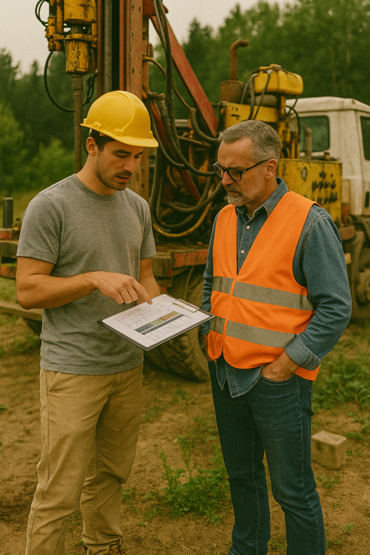 Kontrola jak wybrać działkę pod budowę 2026? Próbki z odwiertu geotechnicznego – twarde dane o gruncie i poziomie wód.