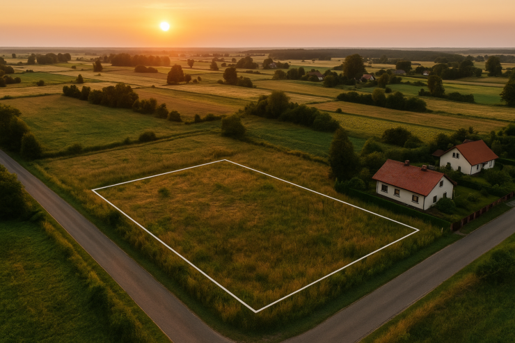 Niewiarygodne jak wybrać działkę pod budowę 2026? Działka przy lokalnej drodze o zachodzie słońca – spokojna okolica i dojazd.